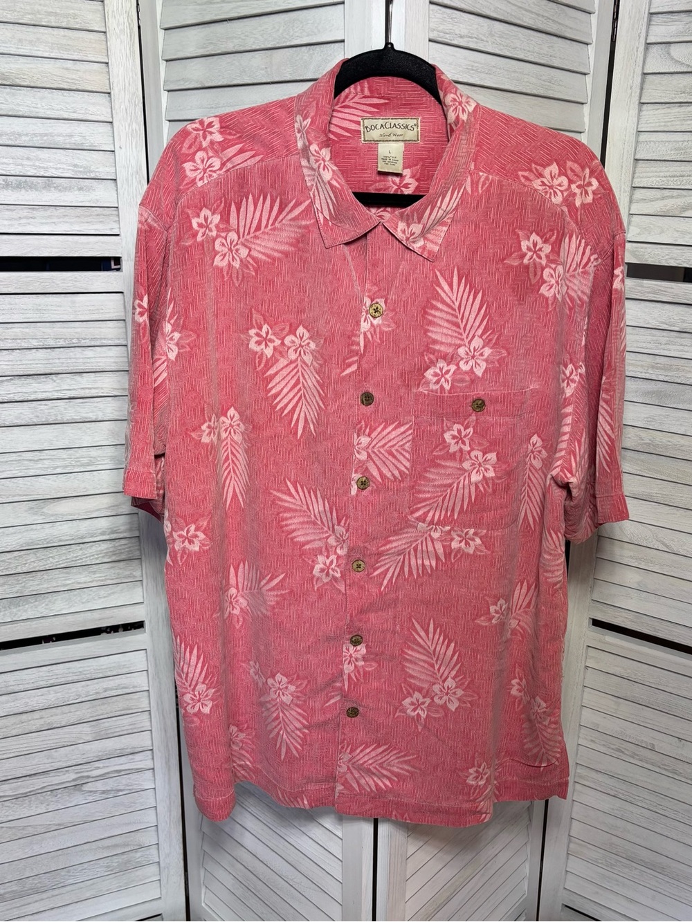 Boca Classics Men’s Large 100% Silk Hawaiian Shirt Pink Tropical Floral Palm Pri
